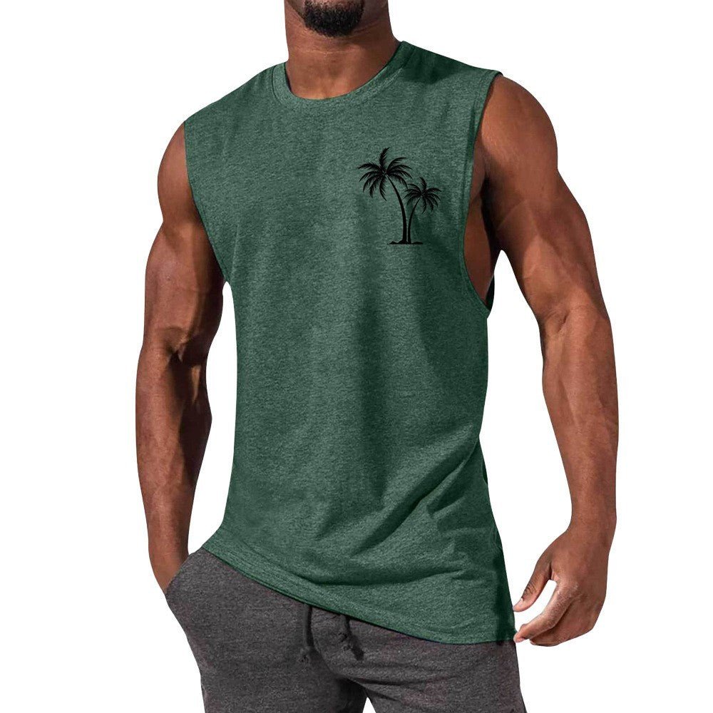 Coconut Tree Embroidery Vest Summer Beach Tank Tops Workout Muscle Men Sports Fitness T-shirt - Safe & Secure Health & Fitness