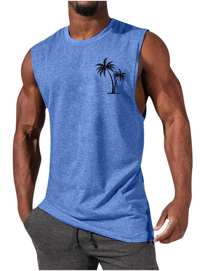 Coconut Tree Embroidery Vest Summer Beach Tank Tops Workout Muscle Men Sports Fitness T-shirt - Safe & Secure Health & Fitness