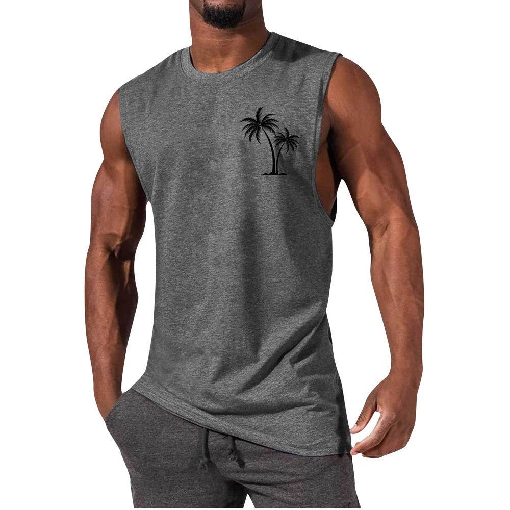 Coconut Tree Embroidery Vest Summer Beach Tank Tops Workout Muscle Men Sports Fitness T-shirt - Safe & Secure Health & Fitness