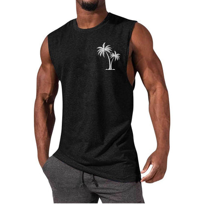 Coconut Tree Embroidery Vest Summer Beach Tank Tops Workout Muscle Men Sports Fitness T-shirt - Safe & Secure Health & Fitness