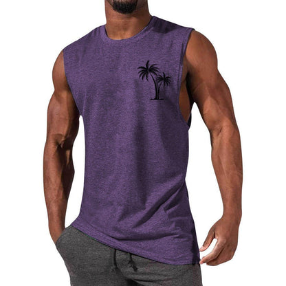Coconut Tree Embroidery Vest Summer Beach Tank Tops Workout Muscle Men Sports Fitness T-shirt - Safe & Secure Health & Fitness