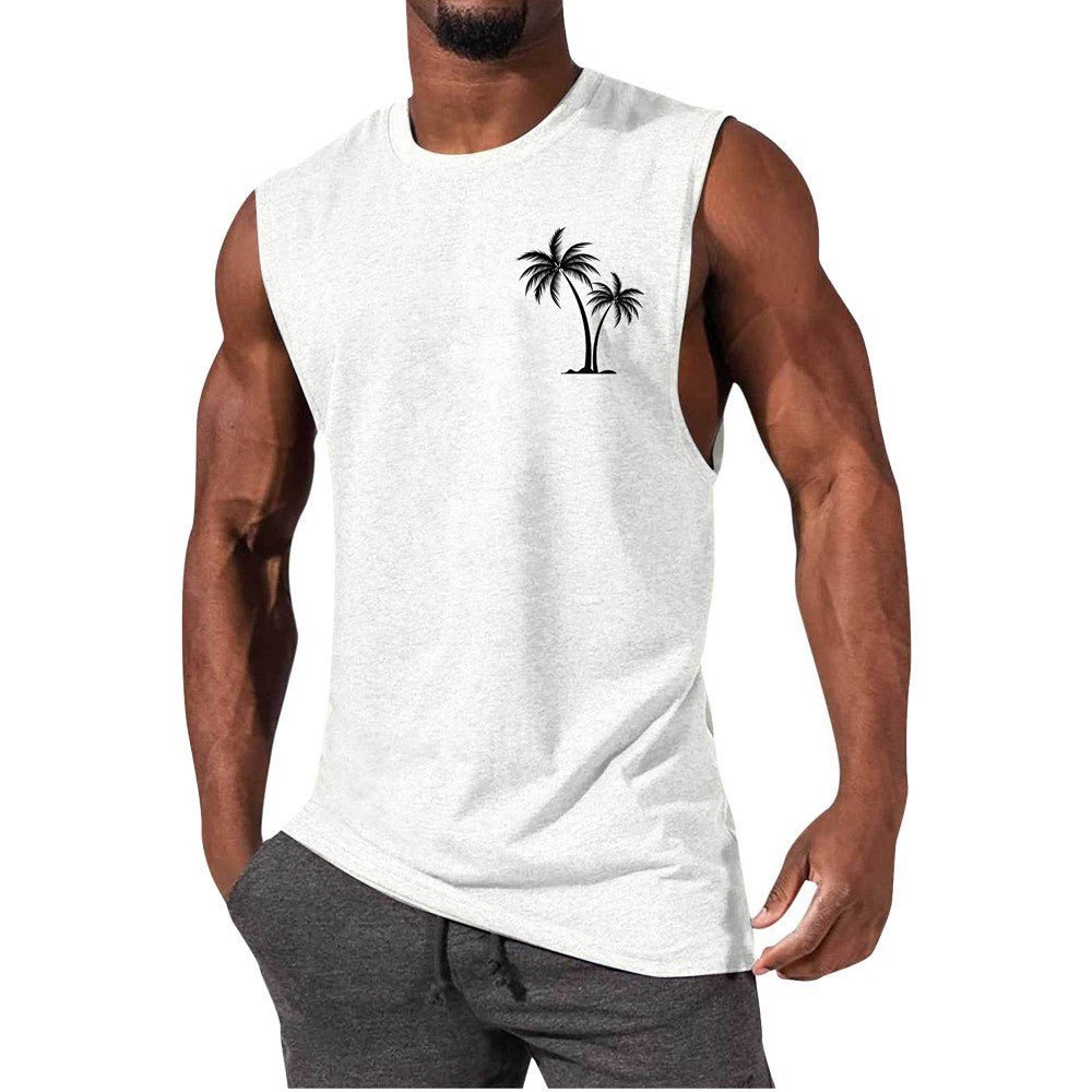Coconut Tree Embroidery Vest Summer Beach Tank Tops Workout Muscle Men Sports Fitness T-shirt - Safe & Secure Health & Fitness