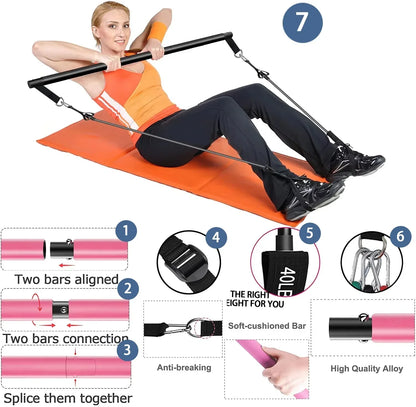Resistance Band Pilates Stick Home Fitness Kit - Safe & Secure Health & Fitness