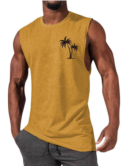 Coconut Tree Embroidery Vest Summer Beach Tank Tops Workout Muscle Men Sports Fitness T-shirt - Safe & Secure Health & Fitness