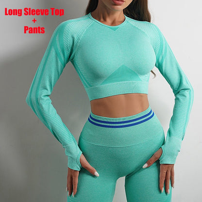 Seamless Yoga Pants Sports Gym Fitness Leggings Or Long Sleeve Tops Outfits Butt Lifting Slim Workout Sportswear Clothing - Safe & Secure Health & Fitness