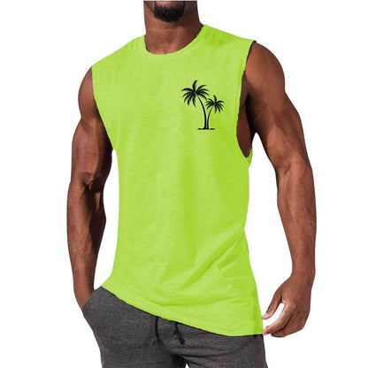 Coconut Tree Embroidery Vest Summer Beach Tank Tops Workout Muscle Men Sports Fitness T-shirt - Safe & Secure Health & Fitness