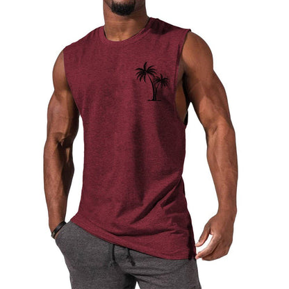 Coconut Tree Embroidery Vest Summer Beach Tank Tops Workout Muscle Men Sports Fitness T-shirt - Safe & Secure Health & Fitness