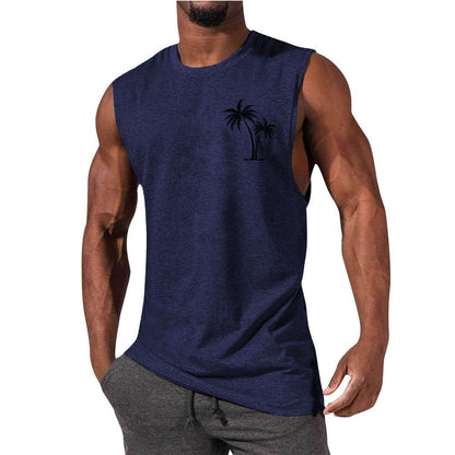 Coconut Tree Embroidery Vest Summer Beach Tank Tops Workout Muscle Men Sports Fitness T-shirt - Safe & Secure Health & Fitness