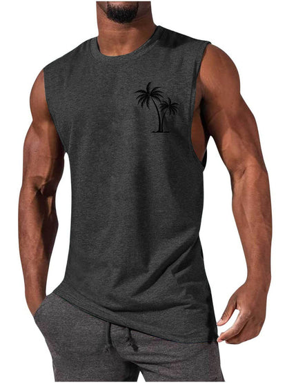 Coconut Tree Embroidery Vest Summer Beach Tank Tops Workout Muscle Men Sports Fitness T-shirt - Safe & Secure Health & Fitness