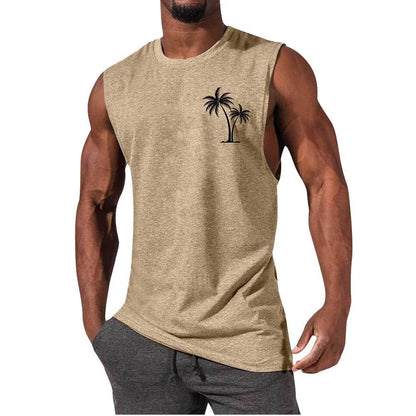 Coconut Tree Embroidery Vest Summer Beach Tank Tops Workout Muscle Men Sports Fitness T-shirt - Safe & Secure Health & Fitness